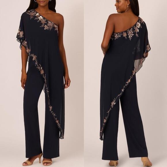 Adrianna Papell Pants - NWT ADRIANNA PAPELL Blue One Shoulder Sequin Trim Overlay Jumpsuit - Size 14
